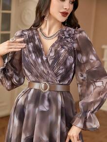 女士V领手工3D立体花卉系带连衣裙，优雅春假装 - 咖啡 - 查看 6