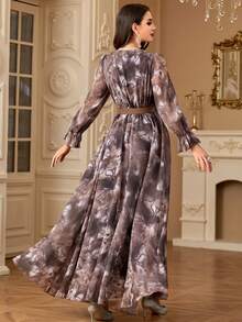 女士V领手工3D立体花卉系带连衣裙，优雅春假装 - 咖啡 - 查看 2