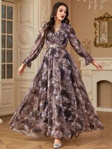 女士V领手工3D立体花卉系带连衣裙，优雅春假装 - 咖啡 - 查看 3