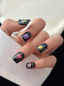 Y2K 方形手工可穿戴指甲贴，10 件/包，多色指甲贴，带水钻，创意图案撞色设计女士美甲套装 - 彩色 - 查看 2