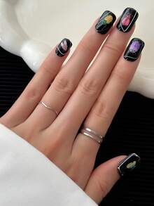 Y2K 方形手工可穿戴指甲贴，10 件/包，多色指甲贴，带水钻，创意图案撞色设计女士美甲套装 - 彩色 - 查看 3