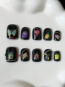 Y2K 方形手工可穿戴指甲贴，10 件/包，多色指甲贴，带水钻，创意图案撞色设计女士美甲套装 - 彩色 - 查看 6