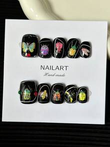 Y2K 方形手工可穿戴指甲贴，10 件/包，多色指甲贴，带水钻，创意图案撞色设计女士美甲套装 - 彩色 - 查看 5