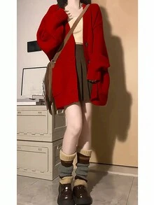 Rikumo Women Festive Holiday Chinese New Year Christmas Red Solid Button Front Dropped Shoulder Cardigan