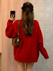 Rikumo Women Festive Holiday Chinese New Year Christmas Red Solid Button Front Dropped Shoulder Cardigan