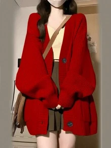 Rikumo Women Festive Holiday Chinese New Year Christmas Red Solid Button Front Dropped Shoulder Cardigan