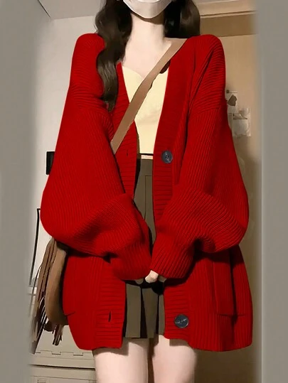 Alicedudu 女士节日中国新年圣诞节红色纯色纽扣前落肩开衫