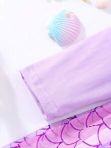Young Girl Long Sleeve Mermaid Scale Mesh Overlay Dress - Violet Purple - View 8