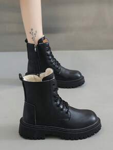 Giày bốt đế dày màu trắng mới, giày bốt mô tô phong cách Anh, giày bốt cổ cao tăng chiều cao dễ thương, giày nữ đa năng trang trí khóa trái tim - màu đen - Xem 5