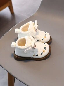 1 Pair Girls Classic Waterproof Tower Pattern Leather Winter Boots, Warm Toddler/Infant Shoes, Suitable For Spring, Summer, Autumn, Winter