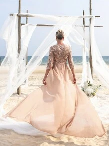 Women' 3/4 Sleeves Sequin Formal Dress With Chiffon Tail Elegant Mother Of The Bride Dress