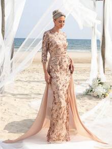 Women' 3/4 Sleeves Sequin Formal Dress With Chiffon Tail Elegant Mother Of The Bride Dress