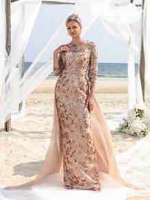 Women' 3/4 Sleeves Sequin Formal Dress With Chiffon Tail Elegant Mother Of The Bride Dress