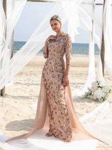 Women' 3/4 Sleeves Sequin Formal Dress With Chiffon Tail Elegant Mother Of The Bride Dress