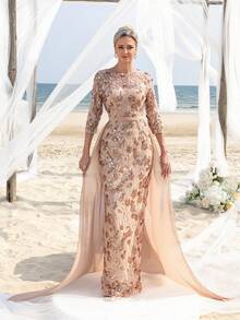 Women' 3/4 Sleeves Sequin Formal Dress With Chiffon Tail Elegant Mother Of The Bride Dress