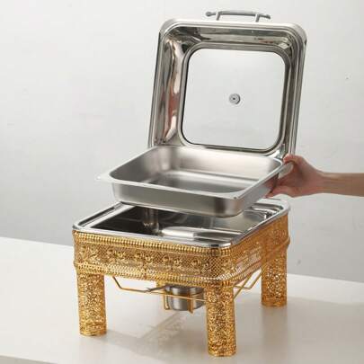 Gold Engraved Hollow Buffet Chafing Dish, Outdoor Wedding High-End Hotel Use Heating Food Warmer, 9L/6L Capacity