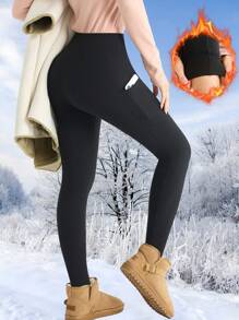 1 pieza Leggings deportivos de invierno con costuras y bolsillos, aptos para fitness, actividades al aire libre y caminar