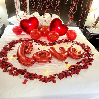 7pcs Balloon & 400pcs Artificial Rose Petals, Red "Love" Letter Balloon Set, I Love You Balloon, 18 Inch Heart Balloon, Red Heart Balloon, Rose Petals, Suitable For Valentine's Day Party, Proposal, Wedding, Anniversary Decoration
