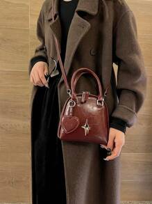 迷你纯色女士手提翻盖包，心形包，送给她的最佳情人节礼物，时尚勃艮第包 - 酒紅色 - 查看 3