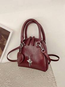 迷你纯色女士手提翻盖包，心形包，送给她的最佳情人节礼物，时尚勃艮第包 - 酒紅色 - 查看 2