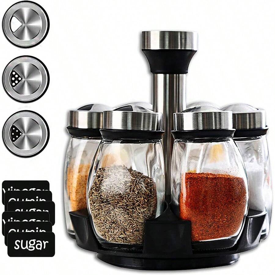 6 Cans Flavor Storage Rack, 360° Rotating Rack Tower Set With 6 Cans Of Glass Seasoning Container, Suitable For Kitchen Cabinet Table (Without Spices)