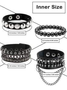 Xiacheng 朋克皮革袖口手镯男女款 80 年代复古赤铁矿摇滚尖刺金属袖口腕带套装可调节男女款 - 黑色 - 查看 7