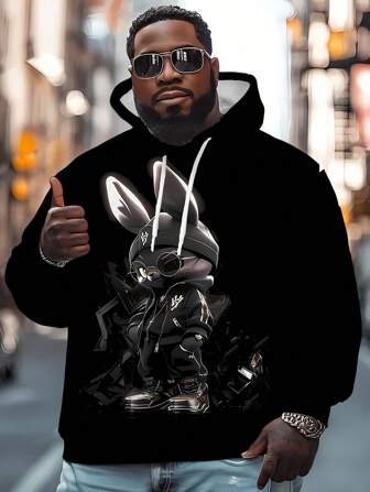 3D Shadow Bunny Print Plus Size Men Hoodie, For Fall, Long Sleeve Top