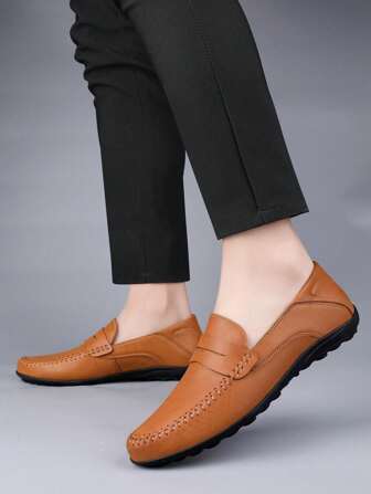 Luxury Men Leather Penny Loafers, Casual Straw Woven-Style Slip-On Flat Shoes With Convenient Elastic Band, Formal Shoes For Daily Wear, Wedding, Banquet, Office, Business Occasions In Spring And Autumn