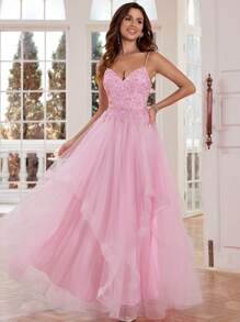 Luxury Lace Prom Dresses Long With Puffy Hem 3D Flower Rhinestone Spaghetti Strap Tulle Ball Gown Hand Beading V Neck Formal Evening Gowns Lace Up Back Homecoming Dresses For Teens Wedding Guest Dress, For Graduation, Dinner,Party Dress - 淺粉色 - 查看 4
