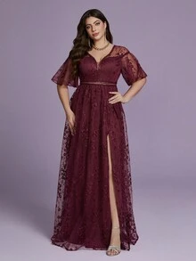 大码 V 领透明刺绣蕾丝贴花前开衩高端晚礼服，优雅正式舞会礼服，适合婚礼嘉宾、毕业典礼、晚宴 - 紅色 - 查看 3