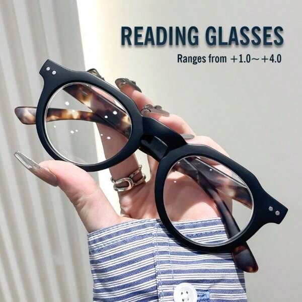 Unisex Reading Glasses With Gradient Tie-Dye Patterned Round Metal Frame And Spring Hinges, Available In Red, Black, Blue, Orange Colors And 7 Magnification Strengths, Suitable For Sports, Computer Use, Anti-Fatigue