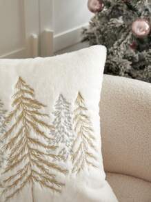 1pc Christmas Tree Embroidered Throw Pillow Case, Suitable For Indoor Decor, Christmas Decorative Pillow Cover, Inner Pillow Not Included - Beige - View 3
