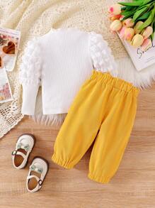 Baby Girl Solid Color Turtleneck Puff Sleeve Top And Butterfly Decor Long Pants 2 Pieces Set