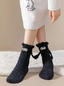 2 双女士柔软温暖可爱磁性手牵手袜，毛绒加厚中筒袜，适合秋冬季 - 黑與白 - 查看 6