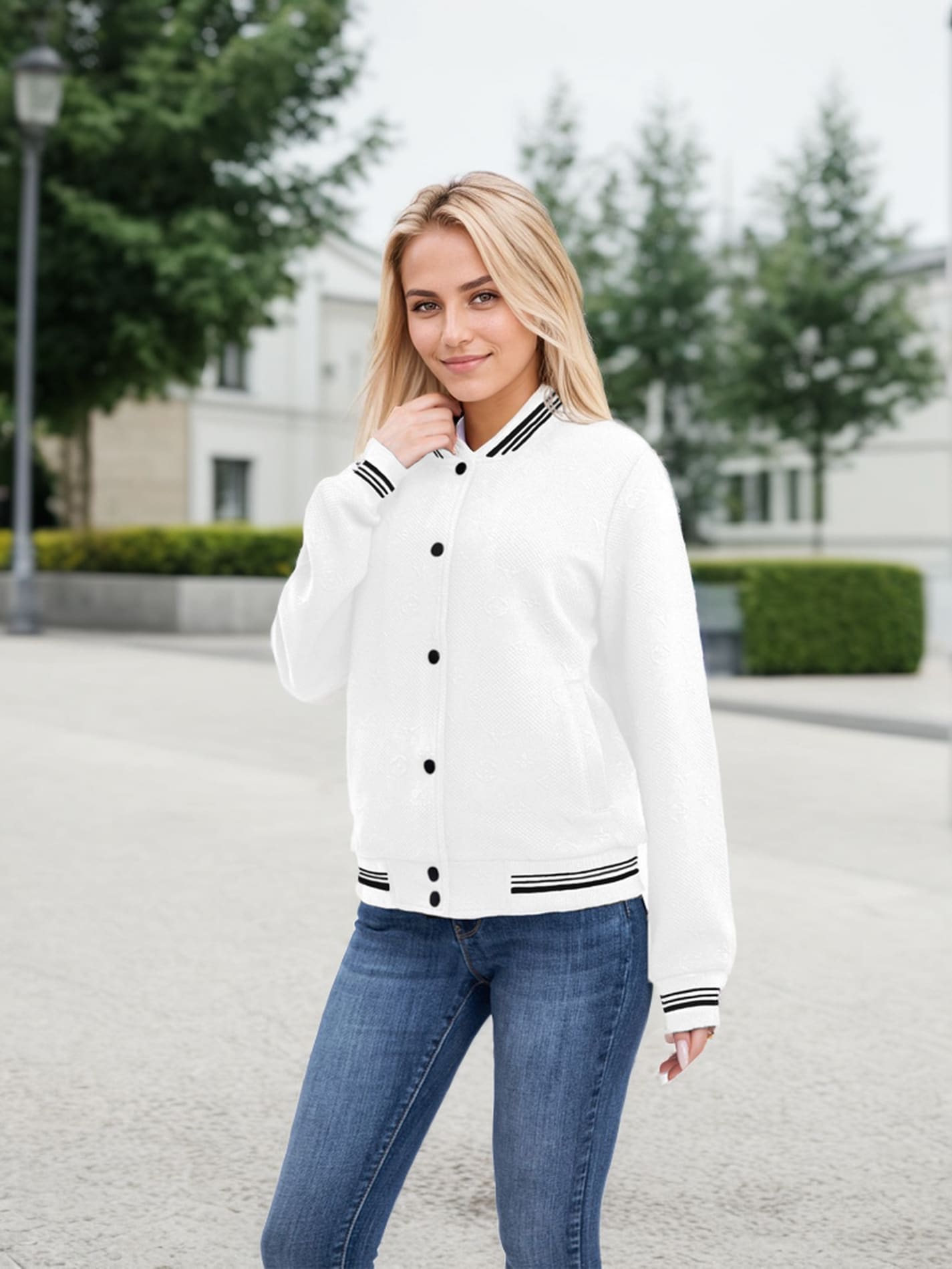 Women's Lightweight Baseball Jacket - Versatile Stitching Fabric Outerwear With Multi-Fabric Options And Unique Patterns - White - View 1