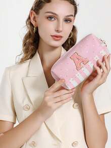 Bộ 2 túi đựng mỹ phẩm PVC họa tiết Chenille hình chữ cái dành cho nữ, túi du lịch, túi đựng đồ trang điểm thêu, túi đựng đồ vệ sinh cá nhân - Hồng - Xem 3