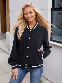 Women's Lightweight Baseball Jacket - Versatile Stitching Fabric Outerwear With Multi-Fabric Options And Unique Patterns - BLACK4 - View 2