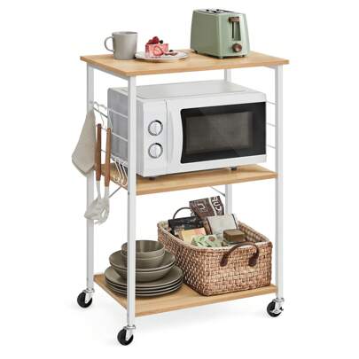 VASAGLE Étagère de Cuisine à Roulettes, Chariot à 3 Niveaux, Support pour Micro-Ondes, Four, Grille-Pain, Cadre Métallique avec 6 Crochets, Doré Chêne et Blanc Nuage