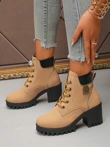 2024 Autumn/Winter Plus Size Women High Thick Heels Boots, Chunky Yellow Booties With Waterproof Platform And Fur Lining - Yellow - View 2