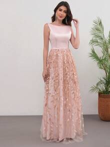 Women's Formal Party Dress, Sleeveless Boat Neck Long Gown, Flared Skirt With Leaf Pattern Decor - Dusty Pink - View 5