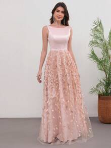Women's Formal Party Dress, Sleeveless Boat Neck Long Gown, Flared Skirt With Leaf Pattern Decor - Dusty Pink - View 4