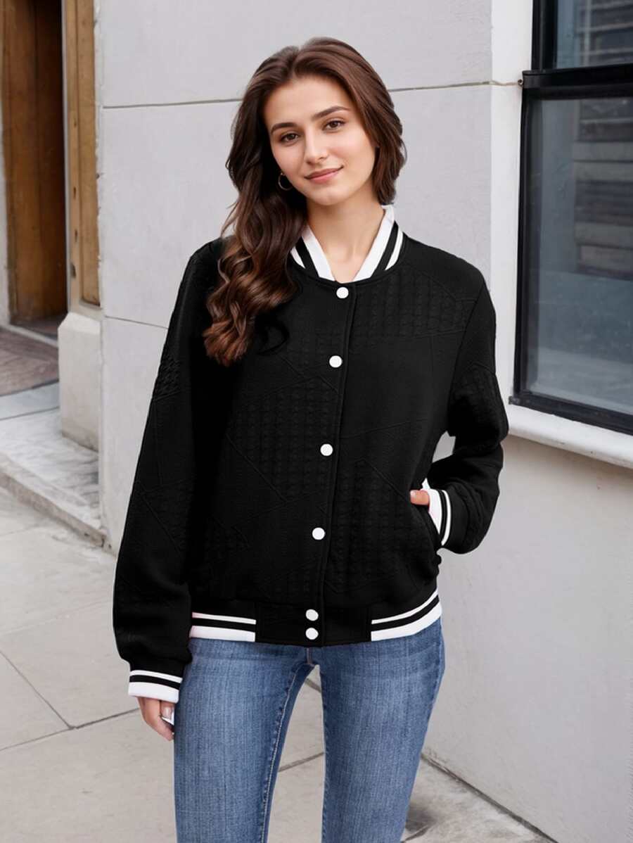 Women's Lightweight Baseball Jacket - Versatile Stitching Fabric Outerwear With Multi-Fabric Options And Unique Patterns - Black - View 1