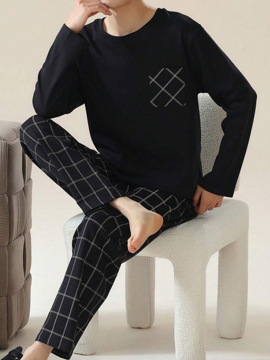 AICJ 2pcs Set Men's Casual Loose Solid Color Pajamas, Round Neck Pullover Top And Plaid Long Pants, Lightweight Sleepwear For Valentine's Day And New Year Gift, Fall Winter Clothes - Black - View 1