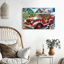 1 Pc Christmas Canvas Wall Art With Wood Frames Art Works Winter Poster Prints Farmhouse Truck Dogs Hanging Wall Pictures Decoration For Holiday Living Room Bedroom Bathroom