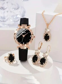 5 件装女孩黑色 PU 皮革石英手表，带水钻星形表盘项链戒指耳环首饰套装适合日常佩戴节日礼物万圣节礼物学校生活礼物妈妈的礼物 - 黑色 - 查看 1