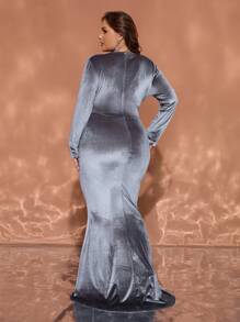 Plus Size Women V-Neck Ruched Long Sleeve Dress, Elegant For Autumn, Formal Evening Prom Dress, For Wedding Guest, Graduation, Dinner
