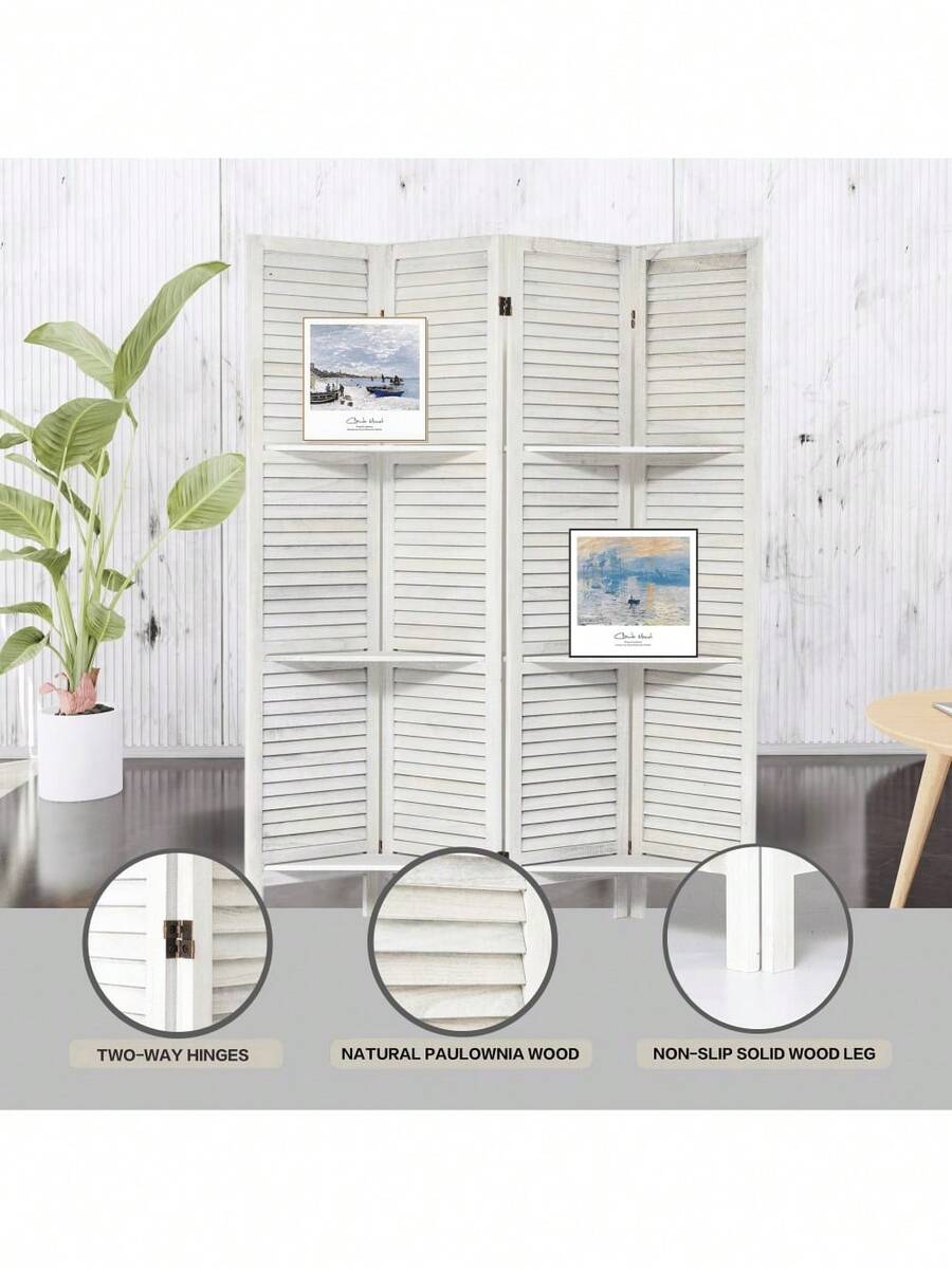 Room Divider 4 Panel, White Room Divider With Shelves, Wall Room
