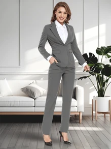 Women's Suits 2 Piece Blazer Pant Dark Grey Solid Color Slim Fit Business Suit Set Office Outfits - 深灰色 - 查看 4