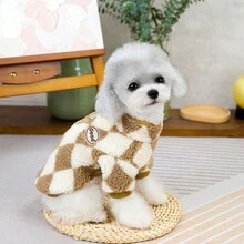 1 Quần áo mùa đông cho chó nhỏ, họa tiết lưới kim cương, áo len ấm cho Teddy, Poodle, Bichon Frise & mèo, thiết kế mới có lỗ xỏ dây xích và vòng cổ có thiết kế khóa kéo - màu nâu - Xem 12