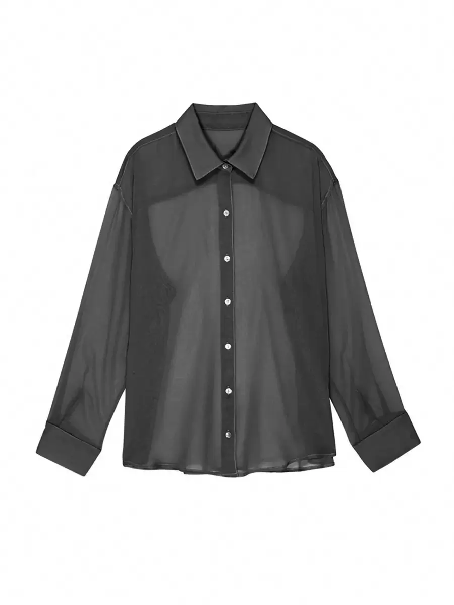 Womenacute;s Blouse, Lapel Collar Long Sleeve Button-Down See-Through Loose Shirt for Ladies - Negro - Ver 1
